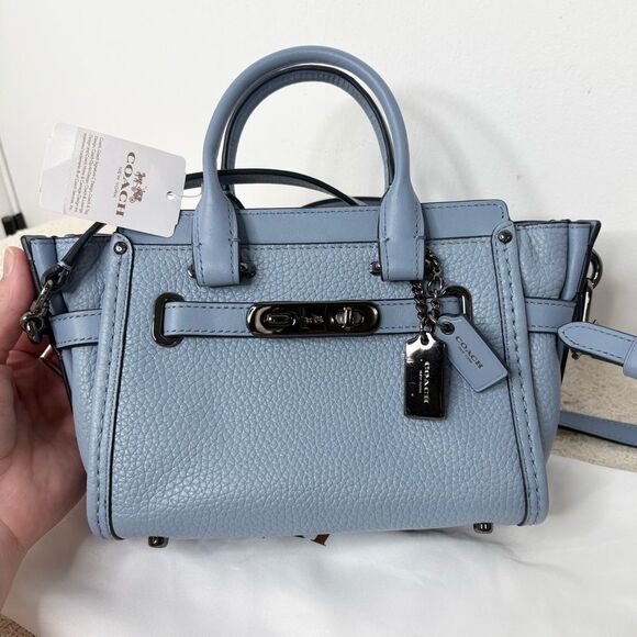 Coach Swagger 20 Pebble Leather Satchel 36235 Cornflower Blue Crossbody Bag - Picture 6 of 11